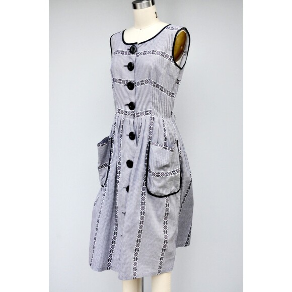 50s 60s Checkered Floral Dress LARGE POCKETS Pleated Pin Up Rockabilly S M - Picture 5 of 10